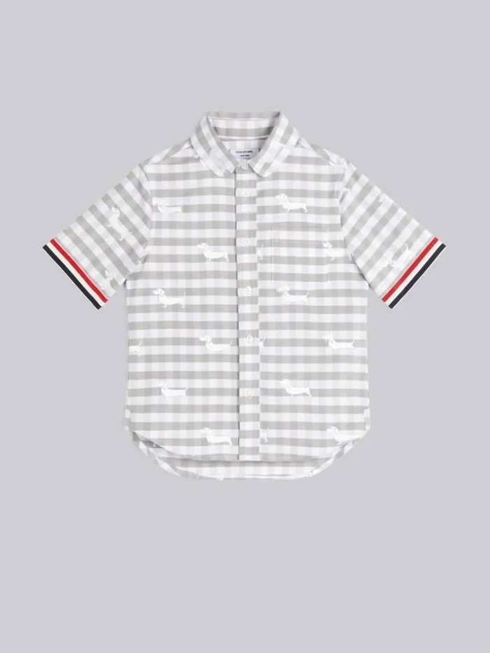 Light Grey Hector Printed Gingham Oxford Stripe Trim Short Sleeve Round Collar Shirt Medium Grey GirlsBoys Thom Browne Dresses And Shirts Light Grey Hector Printed Gingham Oxford Stripe Trim Short Sleeve Round Collar Shirt Medium Grey GirlsBoys Thom Browne Dresses And Shirts
