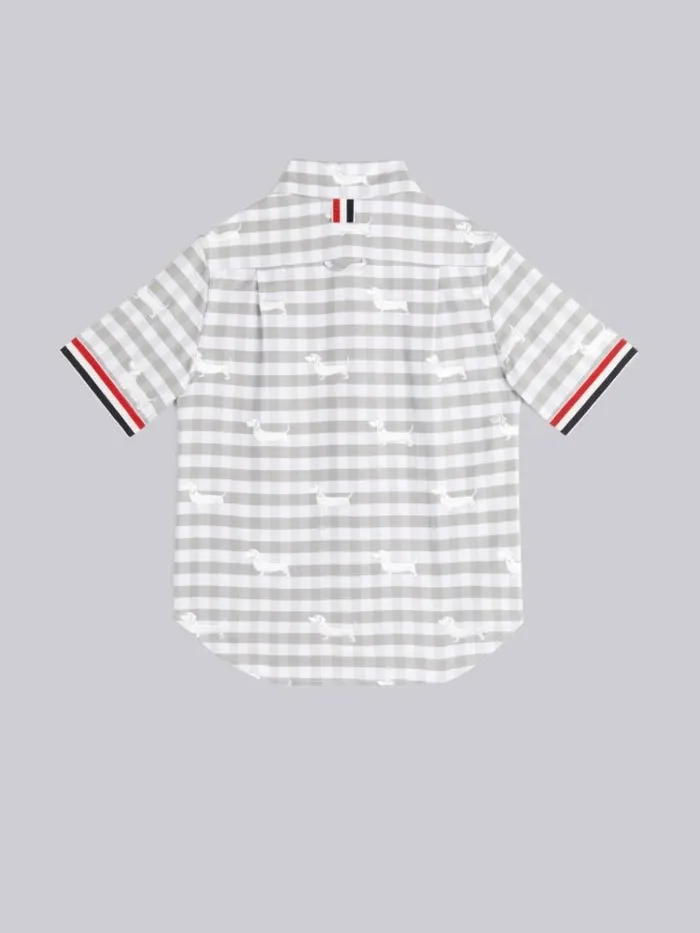 Light Grey Hector Printed Gingham Oxford Stripe Trim Short Sleeve Round Collar Shirt Medium Grey GirlsBoys Thom Browne Dresses And Shirts