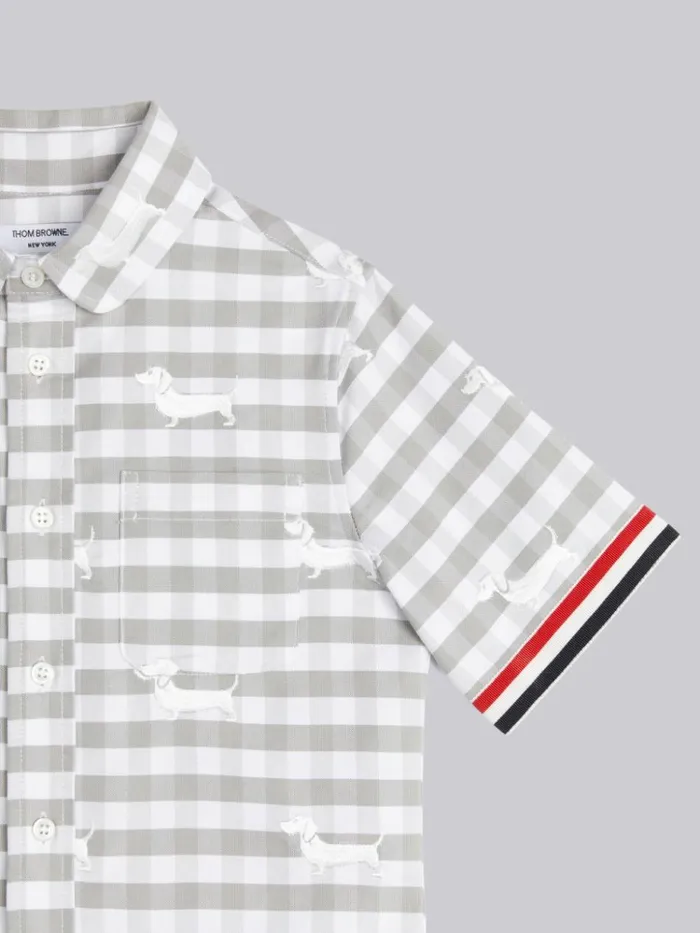Light Grey Hector Printed Gingham Oxford Stripe Trim Short Sleeve Round Collar Shirt Medium Grey GirlsBoys Thom Browne Dresses And Shirts