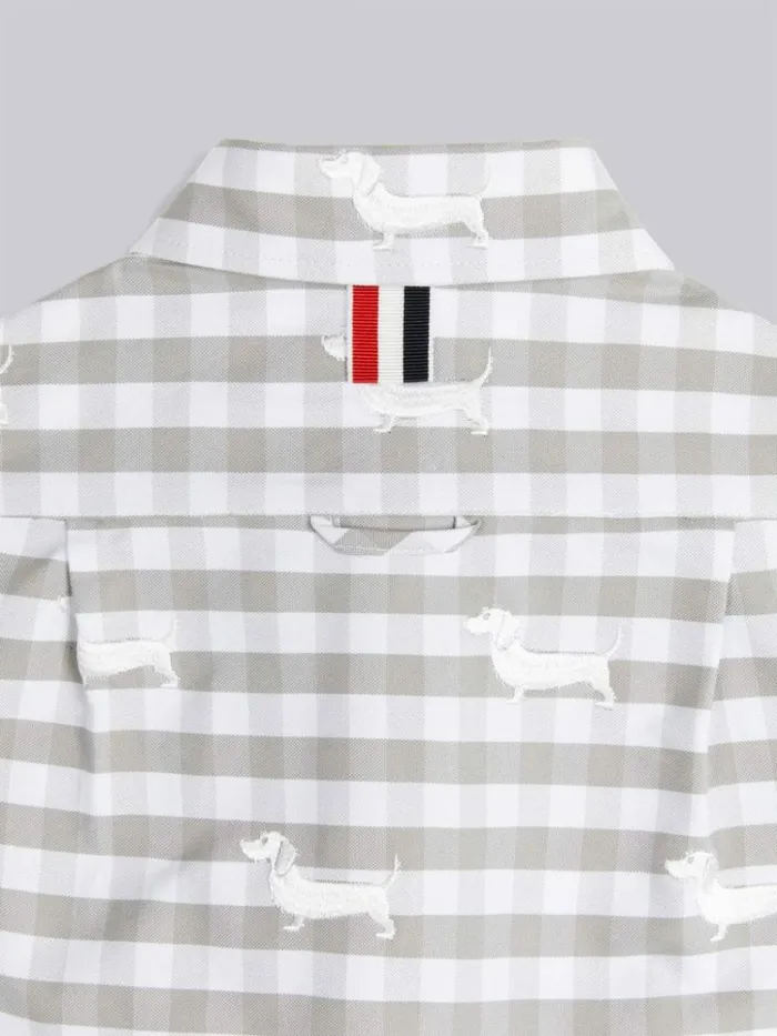 Light Grey Hector Printed Gingham Oxford Stripe Trim Short Sleeve Round Collar Shirt Medium Grey GirlsBoys Thom Browne Dresses And Shirts