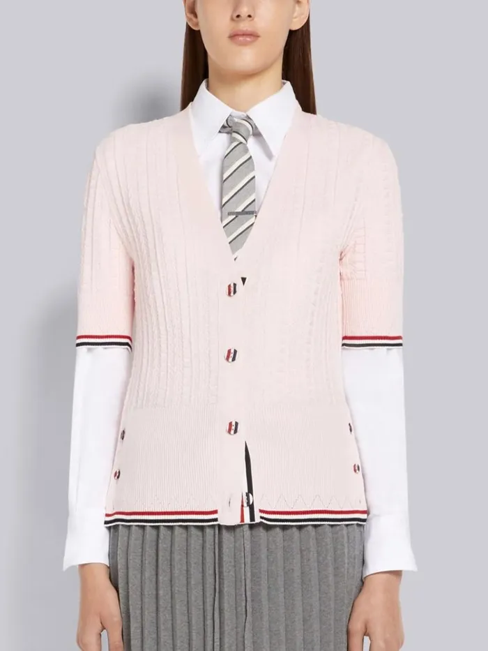 Light Pink Cable Texture Overtwisted Cotton Stripe Framing And Button Short Sleeve Cardigan Women Thom Browne Knitwear Light Pink Cable Texture Overtwisted Cotton Stripe Framing And Button Short Sleeve Cardigan Women Thom Browne Knitwear