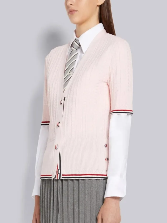 Light Pink Cable Texture Overtwisted Cotton Stripe Framing And Button Short Sleeve Cardigan Women Thom Browne Knitwear