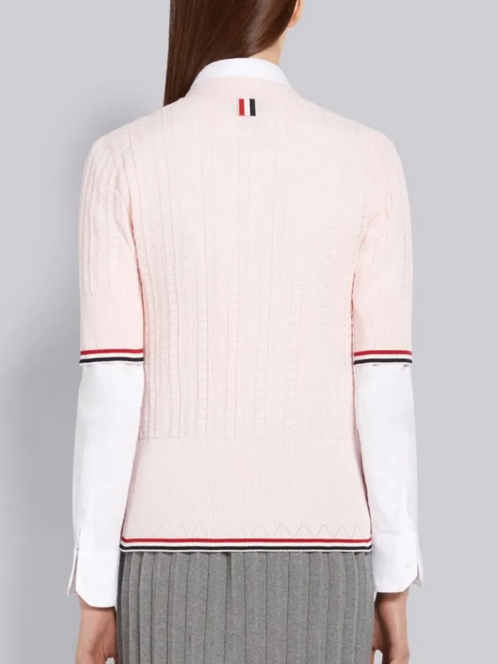 Light Pink Cable Texture Overtwisted Cotton Stripe Framing And Button Short Sleeve Cardigan Women Thom Browne Knitwear