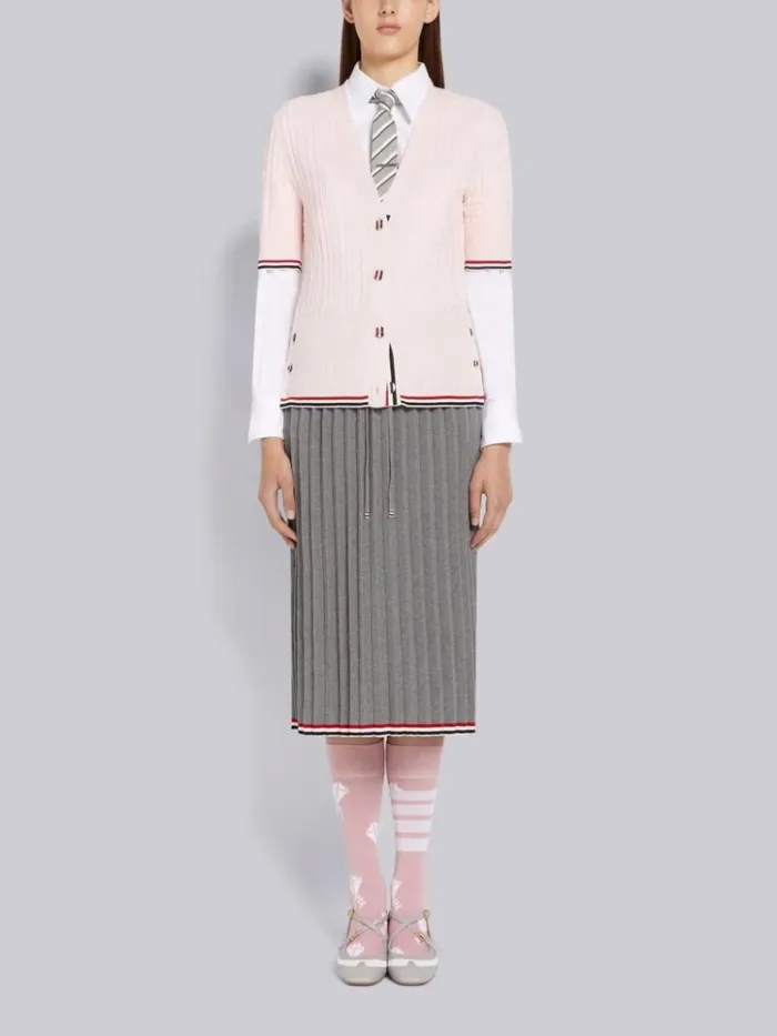 Light Pink Cable Texture Overtwisted Cotton Stripe Framing And Button Short Sleeve Cardigan Women Thom Browne Knitwear