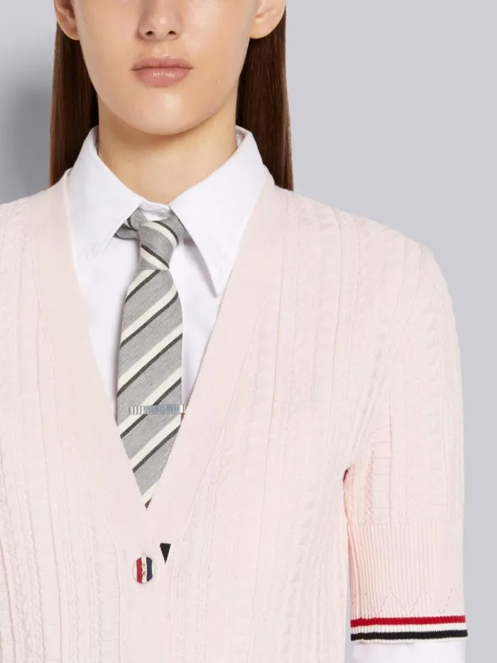 Light Pink Cable Texture Overtwisted Cotton Stripe Framing And Button Short Sleeve Cardigan Women Thom Browne Knitwear