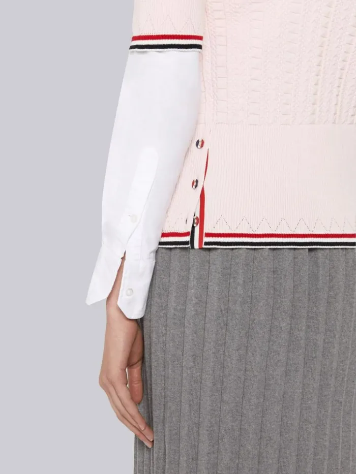 Light Pink Cable Texture Overtwisted Cotton Stripe Framing And Button Short Sleeve Cardigan Women Thom Browne Knitwear