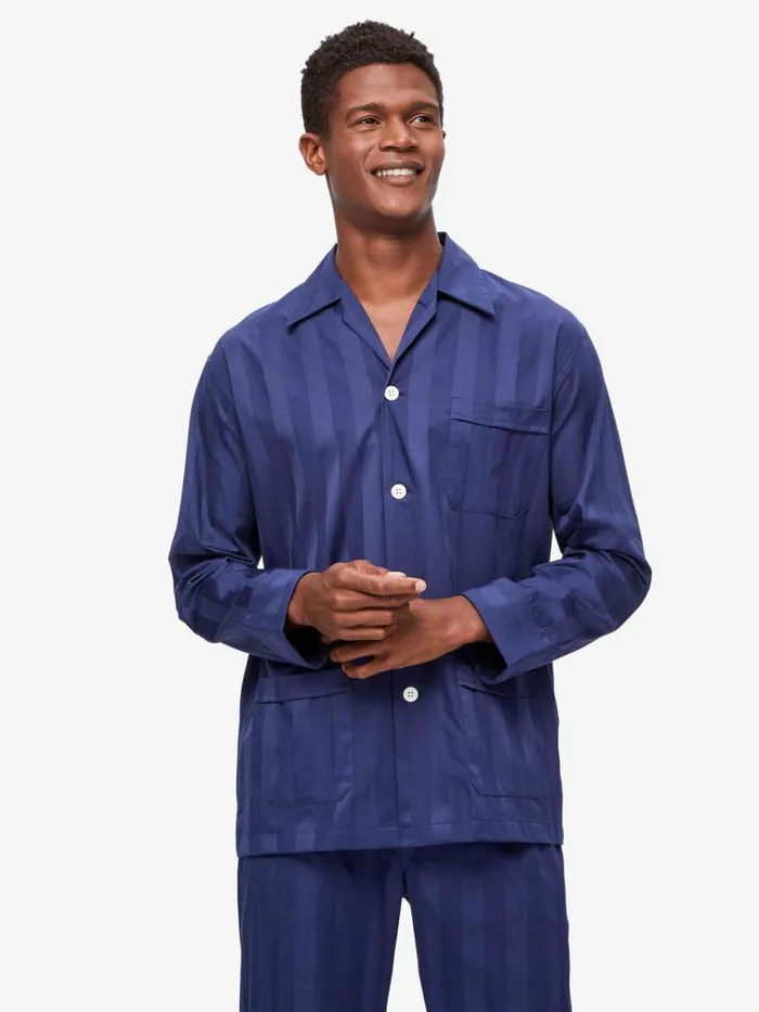 Long Pajamas Men Derek Rose Classic Fit Pajamas Lingfield Cotton Navy