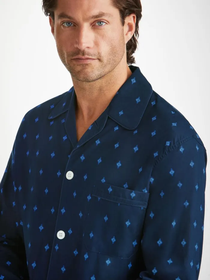Long Pajamas Men Derek Rose Classic Fit Pajamas Nelson 98 Cotton Batiste Navy