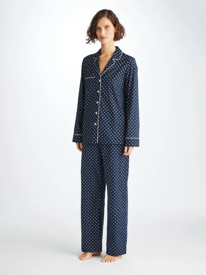 Long Pajamas Women Derek Rose Pajamas Plaza 60 Cotton Batiste Navy