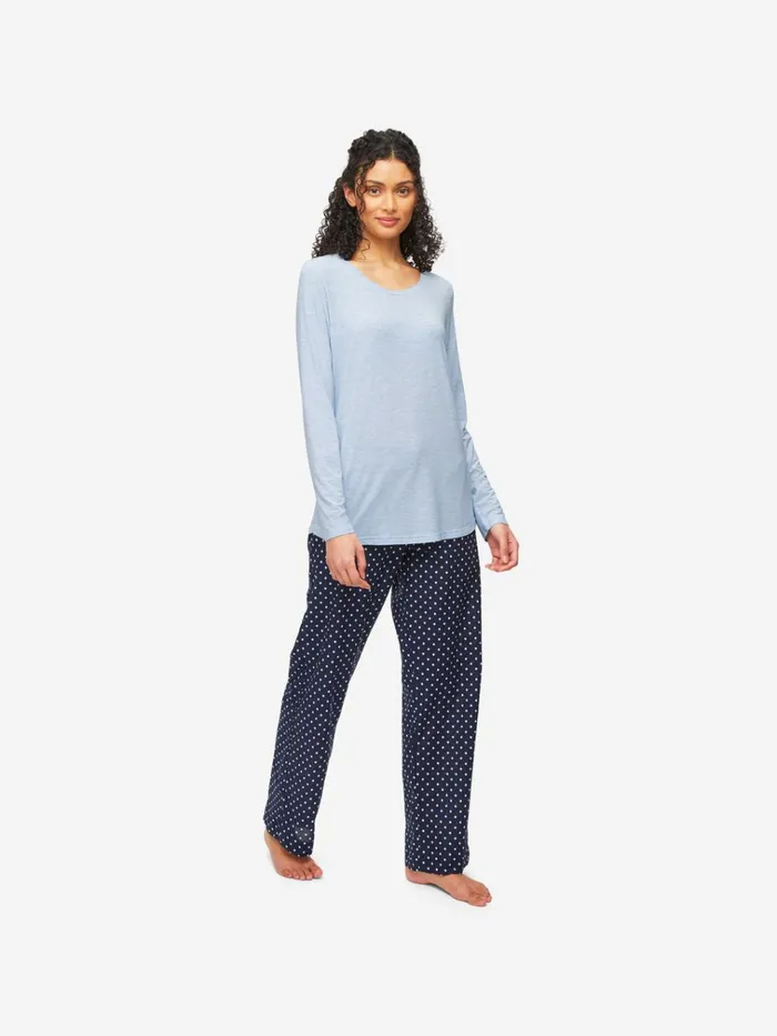 Long Sleeve TShirts Women Derek Rose Long Sleeve TShirt Ethan Micro Modal Stretch Light Blue Marl