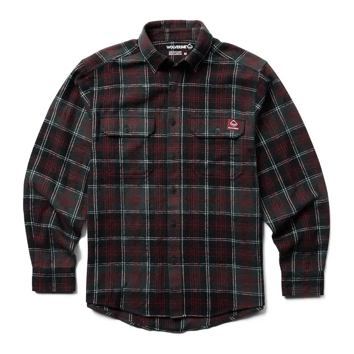 Men Glacier Heavyweight Long Sleeve Flannel Shirt Midnight Black Plaid Wolverine Clothing