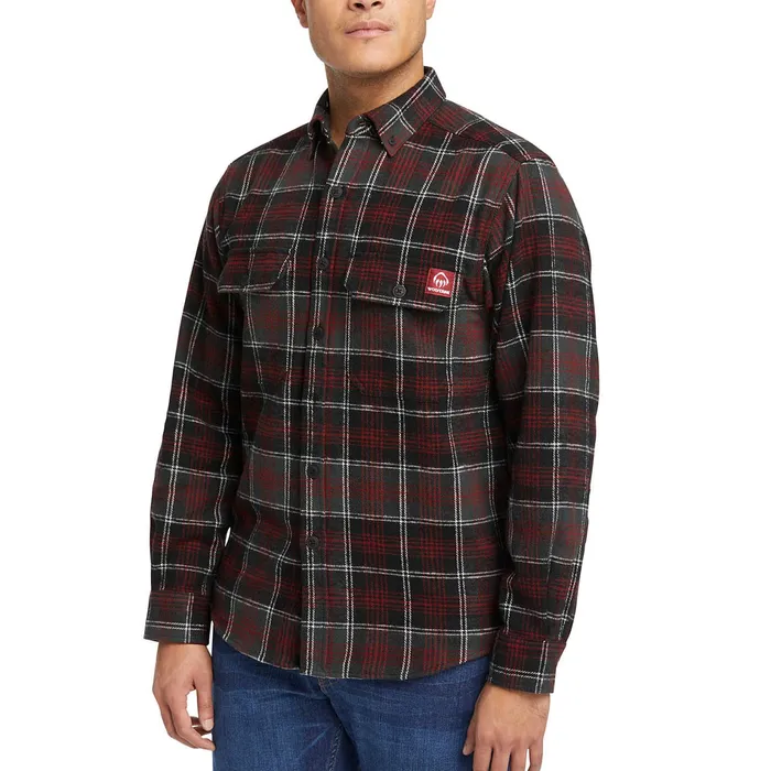 Men Glacier Heavyweight Long Sleeve Flannel Shirt Midnight Black Plaid Wolverine Clothing