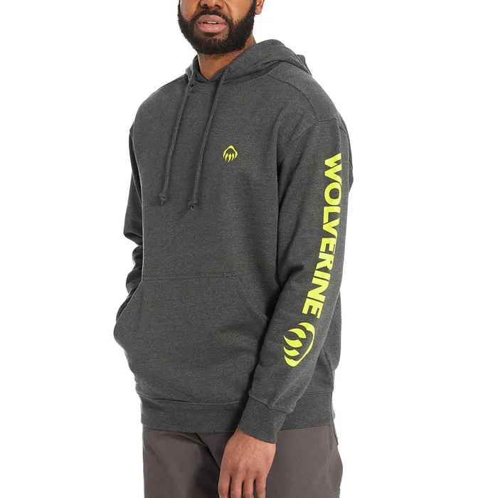 Men Graphic Hoody Sleeve Logo Onyx Heather Wolverine Clothing