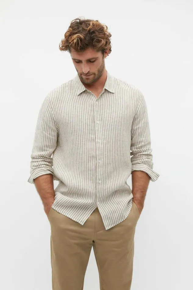 Men TShirts and Sweaters Seed Heritage Linen Shirt Sepia Stripe