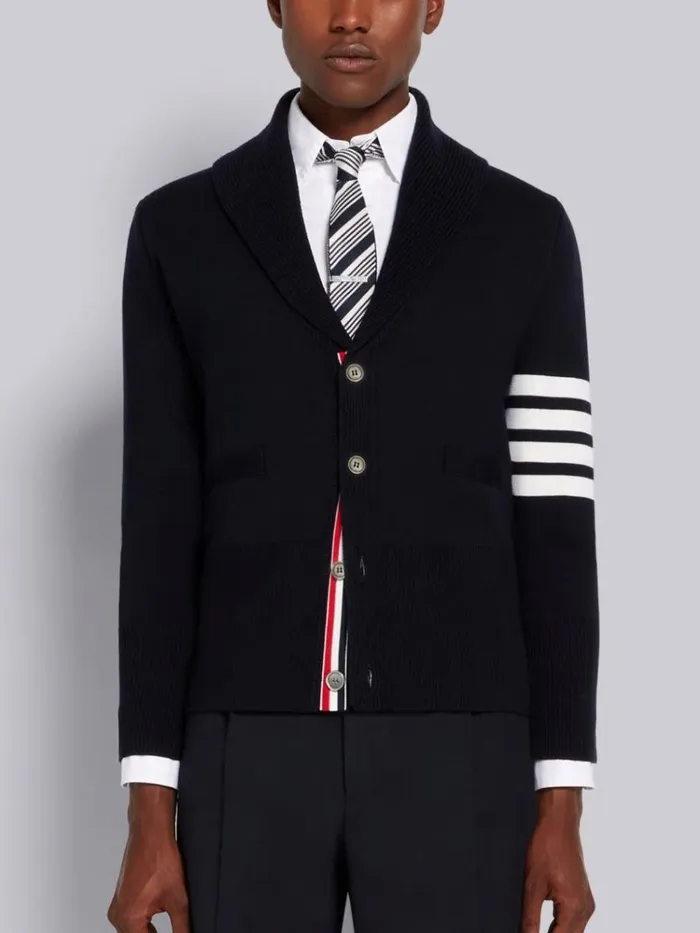 Milano Stitch Merino Wool 4bar Shawl Collar Cardigan Navy Men Thom Browne Knitwear