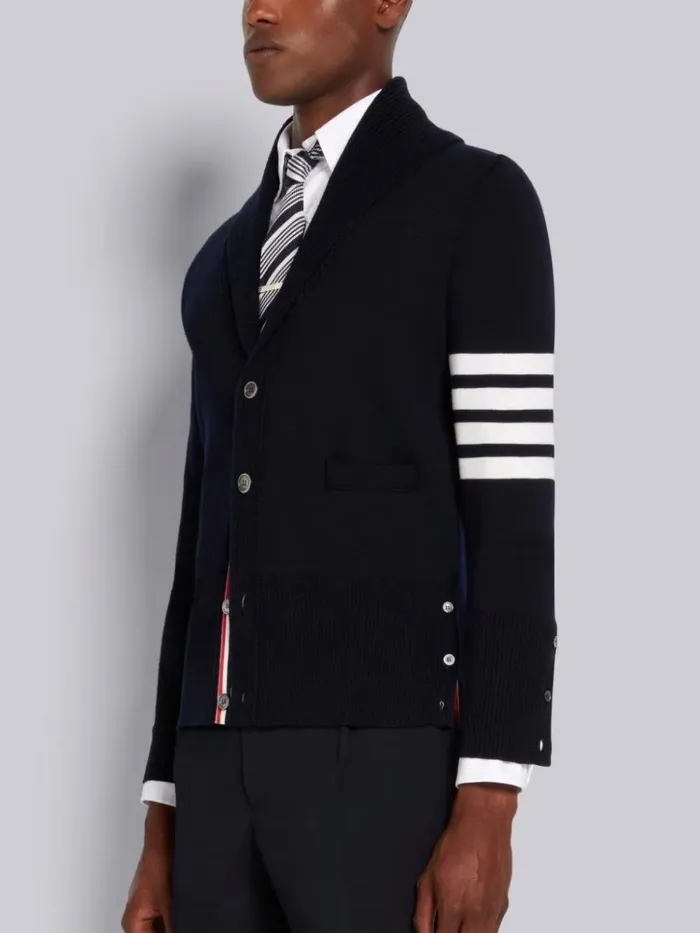Milano Stitch Merino Wool 4bar Shawl Collar Cardigan Navy Men Thom Browne Knitwear