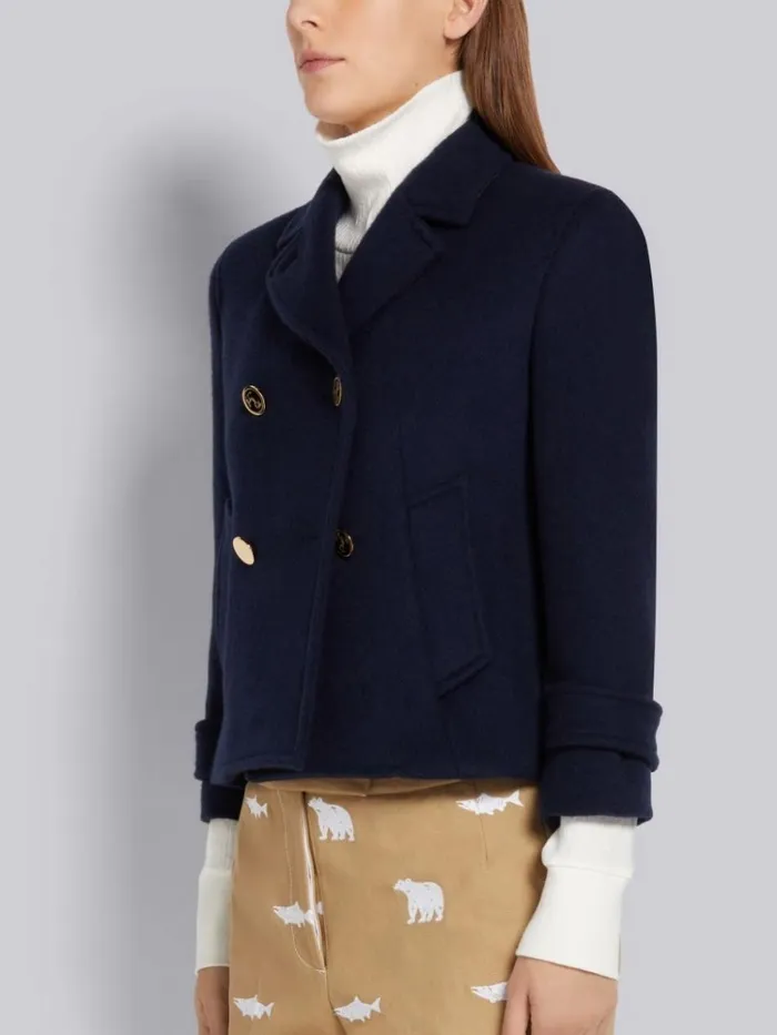Military Weight Cashmere Doublebreasted Shrunken Pea Coat Navy Women Thom Browne Jackets