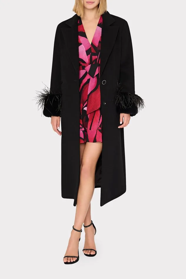 Milly Coats and Jackets Women Faux Fur And Feather Trim Coat Black Milly Coats and Jackets Women Faux Fur And Feather Trim Coat Black