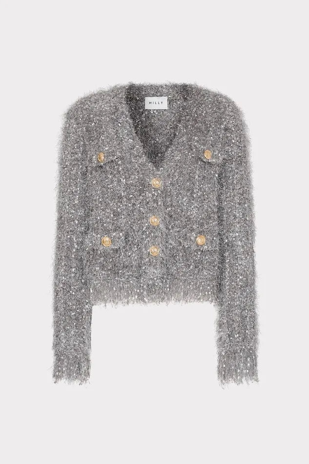 Milly Coats and Jackets Women Textured Fringe Cardigan Silver
