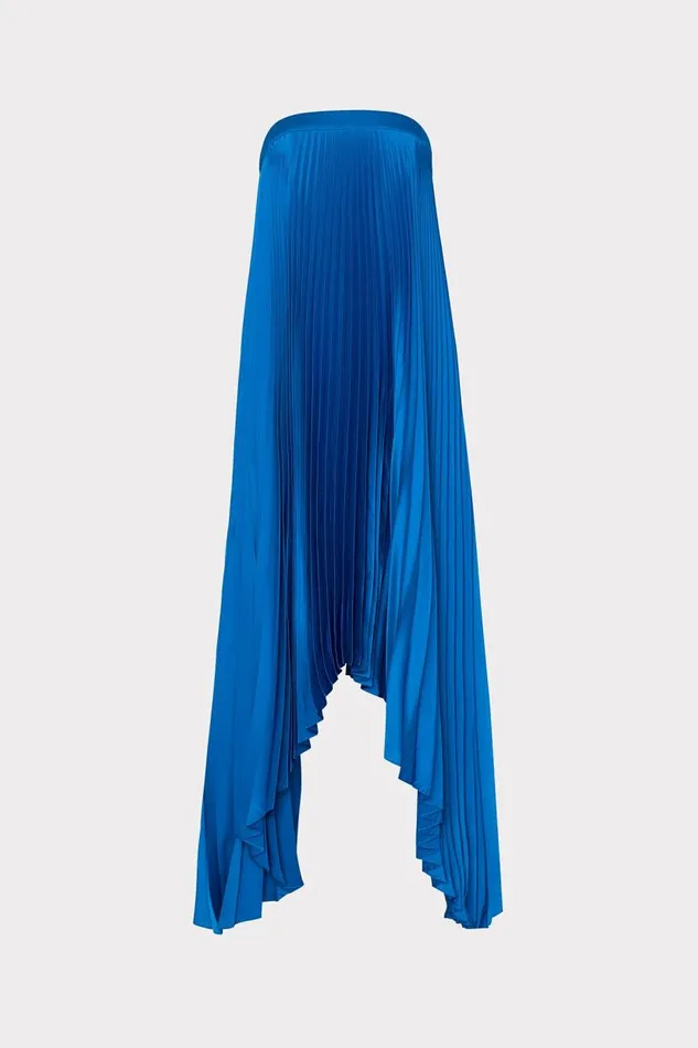 Milly Dresses Women Jordyn Satin Pleated Strapless Dress Blue