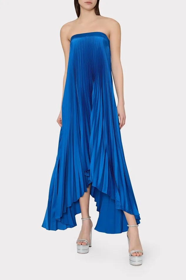 Milly Dresses Women Jordyn Satin Pleated Strapless Dress Blue Milly Dresses Women Jordyn Satin Pleated Strapless Dress Blue
