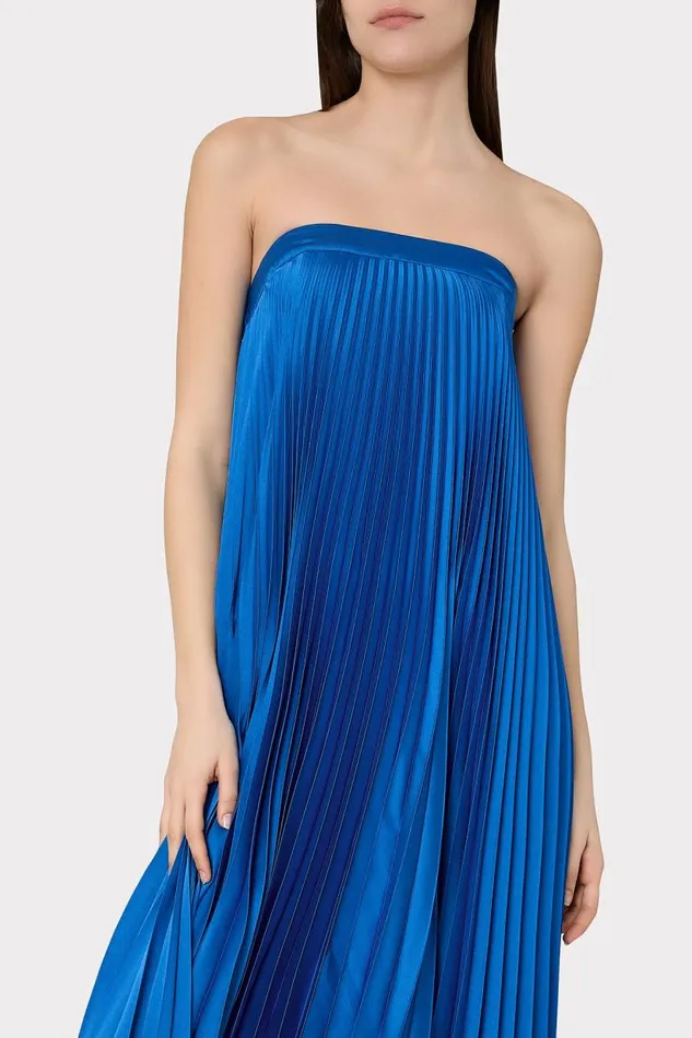 Milly Dresses Women Jordyn Satin Pleated Strapless Dress Blue Milly Dresses Women Jordyn Satin Pleated Strapless Dress Blue