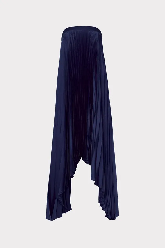 Milly Dresses Women Jordyn Satin Pleated Strapless Dress Navy