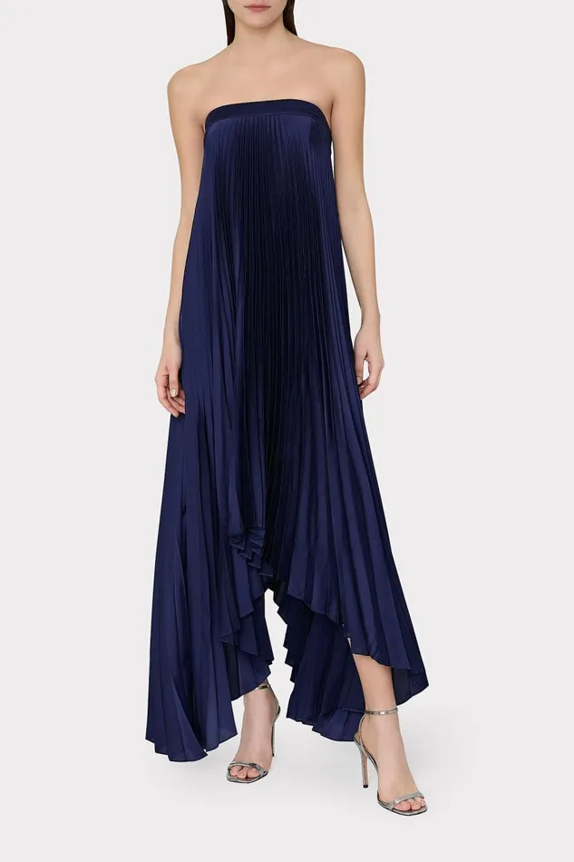 Milly Dresses Women Jordyn Satin Pleated Strapless Dress Navy Milly Dresses Women Jordyn Satin Pleated Strapless Dress Navy