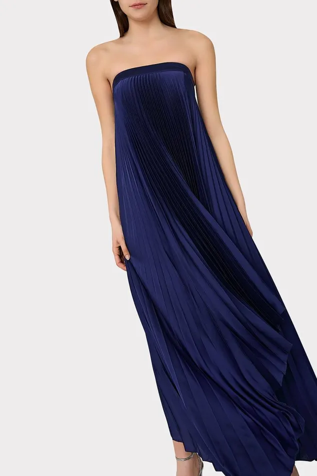 Milly Dresses Women Jordyn Satin Pleated Strapless Dress Navy Milly Dresses Women Jordyn Satin Pleated Strapless Dress Navy