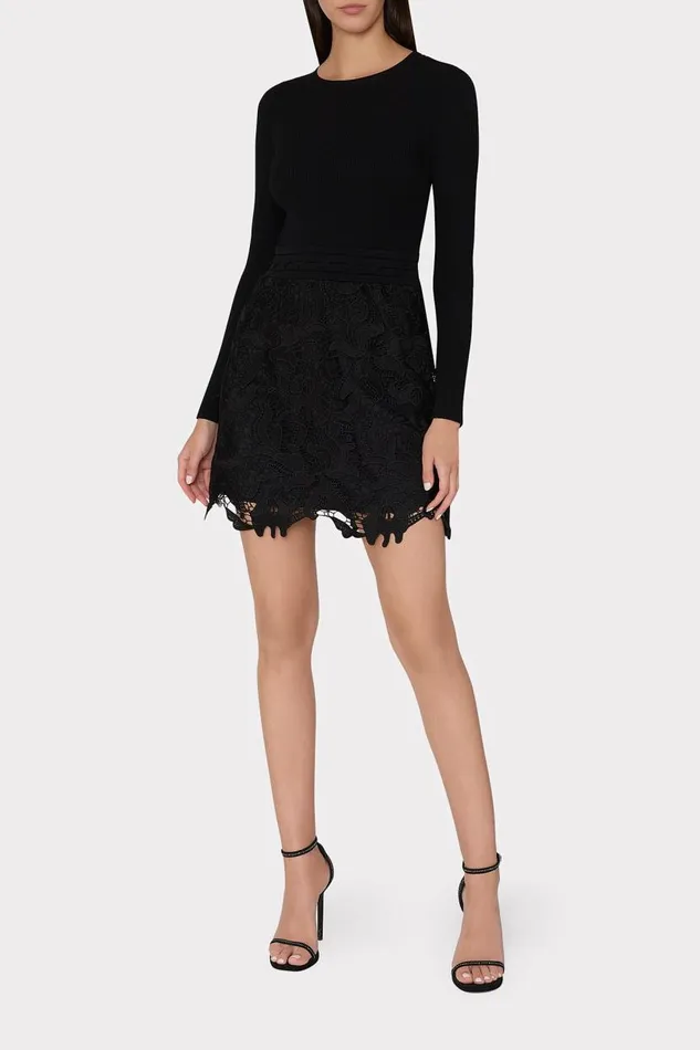 Milly Dresses Women Katie Lace Combo Knit Mini Dress Black Milly Dresses Women Katie Lace Combo Knit Mini Dress Black