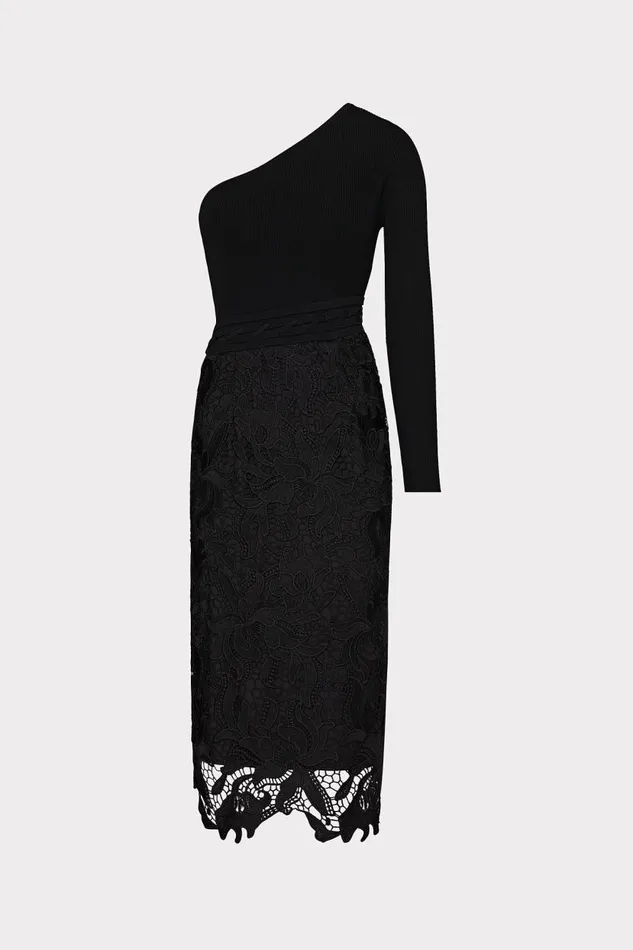 Milly Dresses Women Kingsley One Shoulder Combo Knit Midi Dress Black