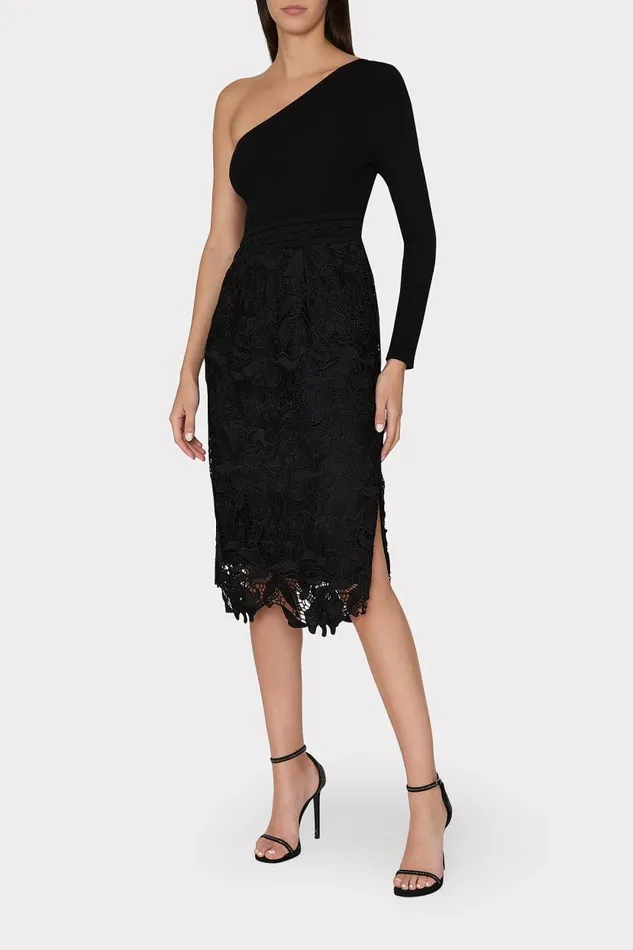 Milly Dresses Women Kingsley One Shoulder Combo Knit Midi Dress Black Milly Dresses Women Kingsley One Shoulder Combo Knit Midi Dress Black