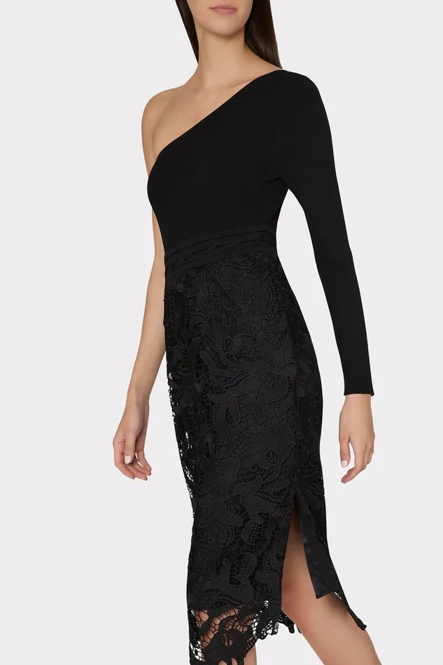 Milly Dresses Women Kingsley One Shoulder Combo Knit Midi Dress Black Milly Dresses Women Kingsley One Shoulder Combo Knit Midi Dress Black