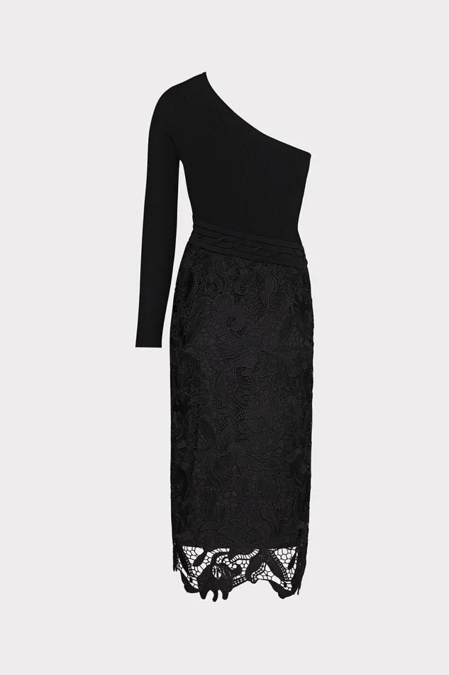 Milly Dresses Women Kingsley One Shoulder Combo Knit Midi Dress Black Milly Dresses Women Kingsley One Shoulder Combo Knit Midi Dress Black