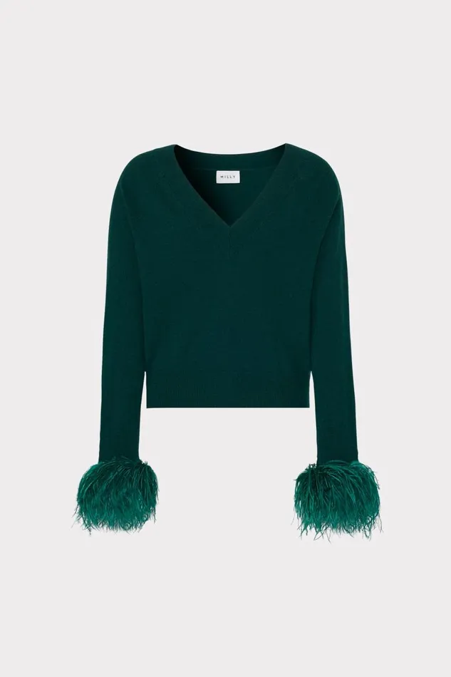 Milly Tops Women Feather Cuff VNeck Sweater Emerald Green