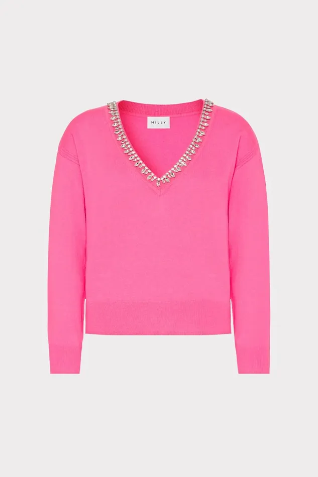 Milly Tops Women Kalia Crystal VNeck Sweater Milly Pink