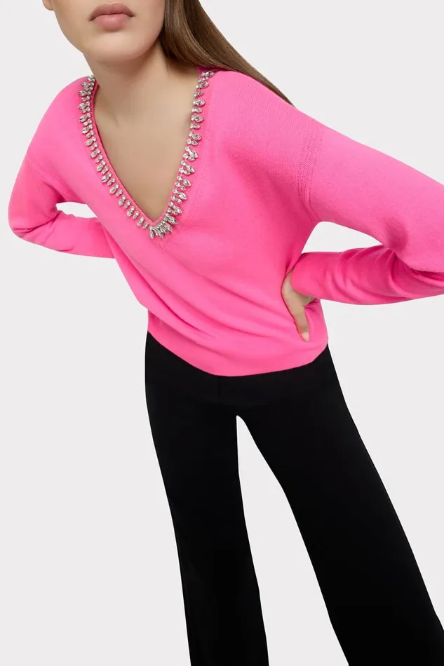 Milly Tops Women Kalia Crystal VNeck Sweater Milly Pink Milly Tops Women Kalia Crystal VNeck Sweater Milly Pink