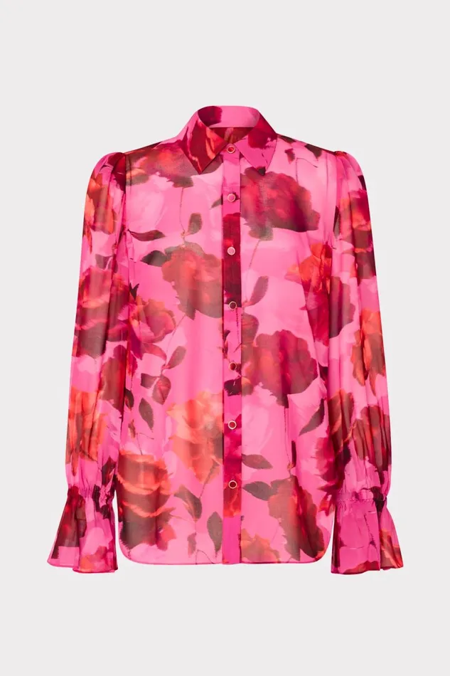 Milly Tops Women Lacey Blurred Blossom Printed Blouse Pink Multi