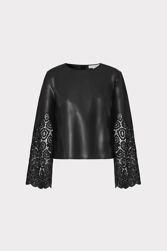 Milly Tops Women Lara Vegan Leather Long Sleeve Top Black