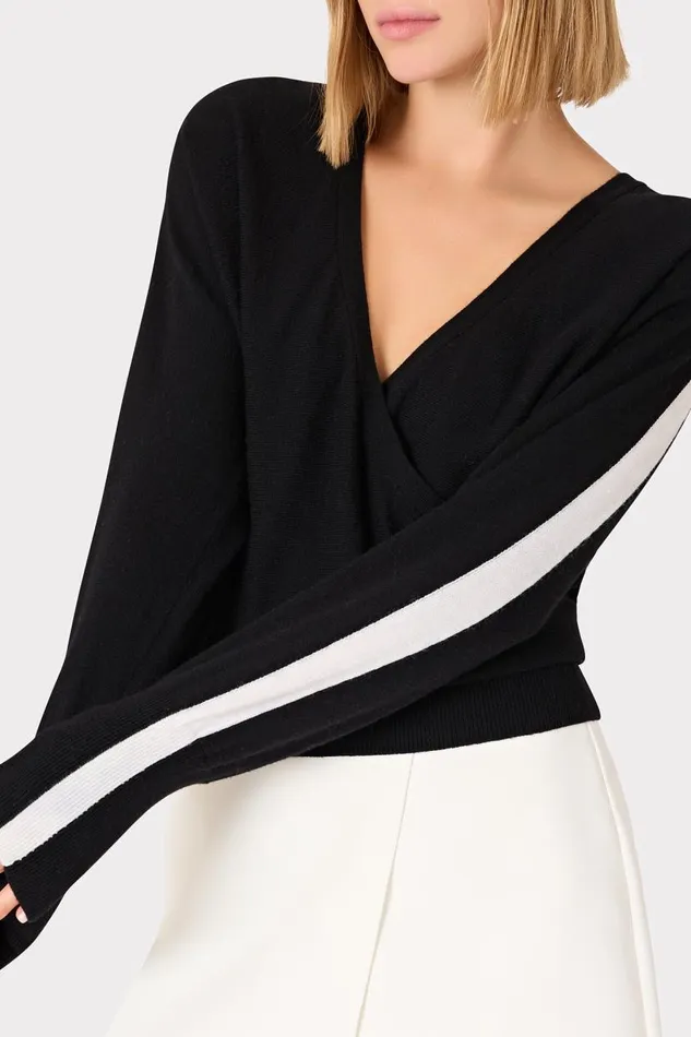 Milly Tops Women Racer VNeck Sweater Blackecru Milly Tops Women Racer VNeck Sweater Blackecru