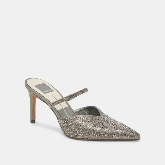 Mules and Clogs Women Dolce Vita Kanika Crystal Heels Gunmetal Fabric