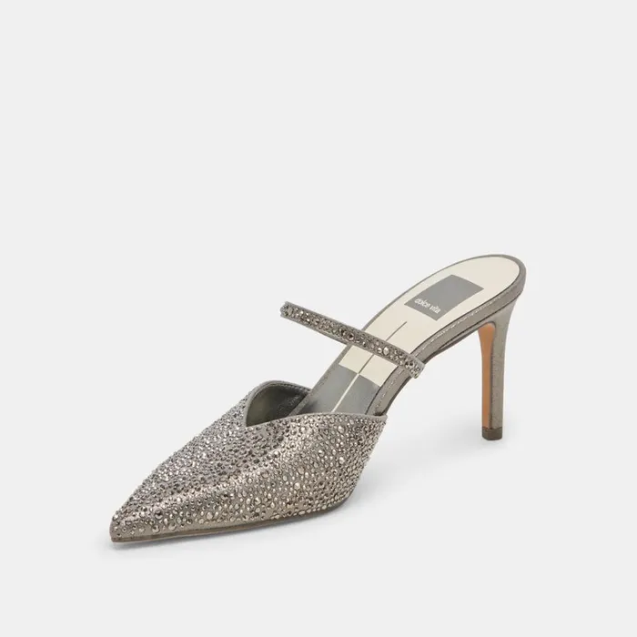 Mules and Clogs Women Dolce Vita Kanika Crystal Heels Gunmetal Fabric