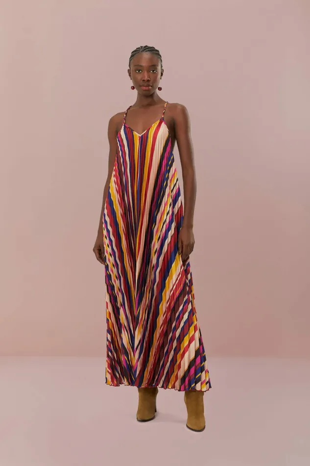 Multicolor Diagonal Stripes Pleated Stripes Midi Dress Women FARM Rio Midi Dresses