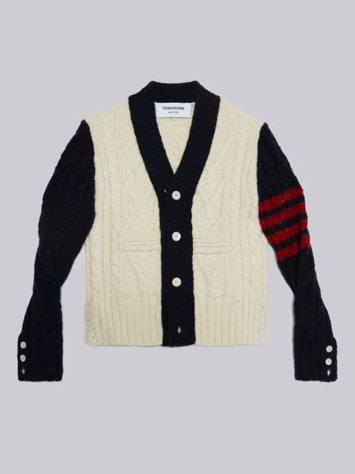 Multicolor Fine Merino Mohair Tweed 4bar Aran Cable Vneck Cardigan Rwbwht GirlsBoys Thom Browne Knitwear Multicolor Fine Merino Mohair Tweed 4bar Aran Cable Vneck Cardigan Rwbwht GirlsBoys Thom Browne Knitwear