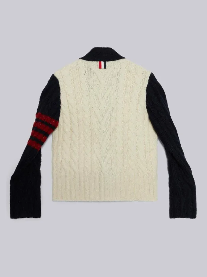 Multicolor Fine Merino Mohair Tweed 4bar Aran Cable Vneck Cardigan Rwbwht GirlsBoys Thom Browne Knitwear
