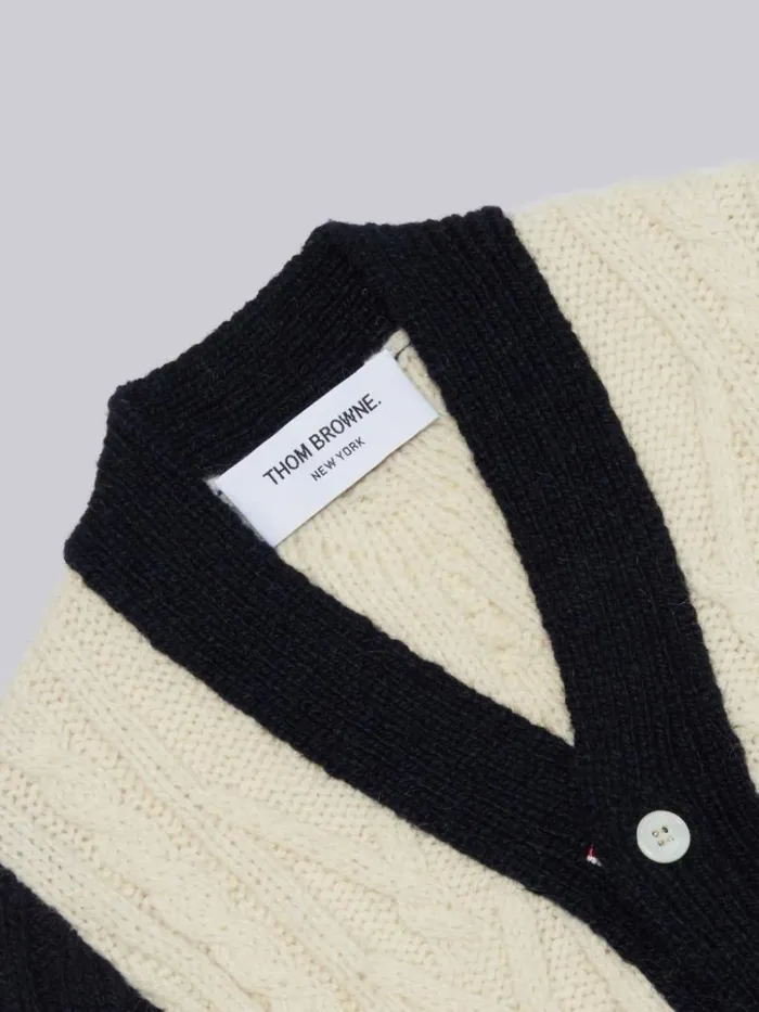 Multicolor Fine Merino Mohair Tweed 4bar Aran Cable Vneck Cardigan Rwbwht GirlsBoys Thom Browne Knitwear