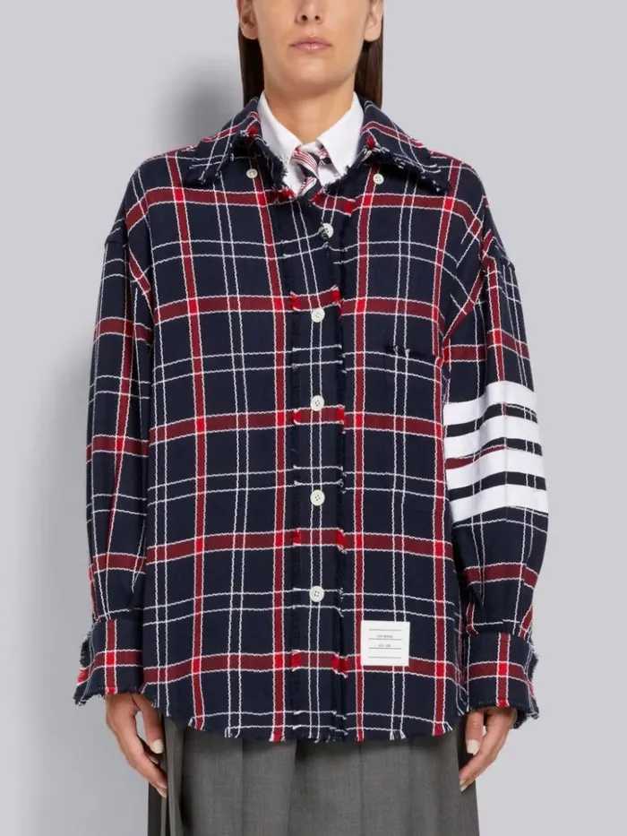 Multicolor Large Check Loose Yarn Tweed Oxford 4bar Point Collar Supersized Shirt Rwbwht Women Thom Browne Tops and Shirts Multicolor Large Check Loose Yarn Tweed Oxford 4bar Point Collar Supersized Shirt Rwbwht Women Thom Browne Tops and Shirts