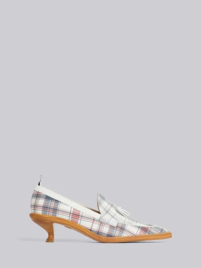 Multicolor Stripe Plaid And Madras Printed Nubuck 50mm Curved Heel Tassel Loafer Rwbwht Women Thom Browne Heels Multicolor Stripe Plaid And Madras Printed Nubuck 50mm Curved Heel Tassel Loafer Rwbwht Women Thom Browne Heels