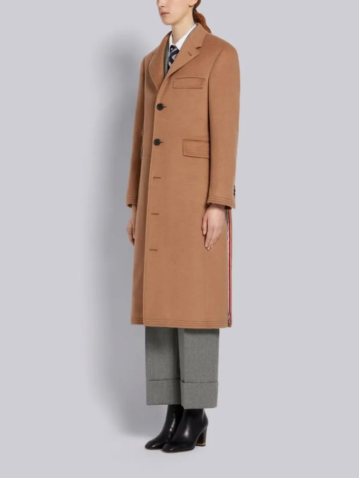 Natural Baby Hair Ticket Pocket Long Chesterfield Overcoat Camel Women Thom Browne Outerwear