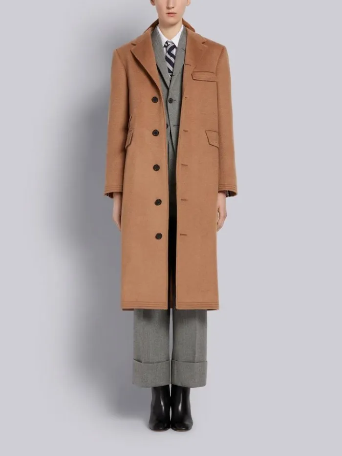 Natural Baby Hair Ticket Pocket Long Chesterfield Overcoat Camel Women Thom Browne Outerwear